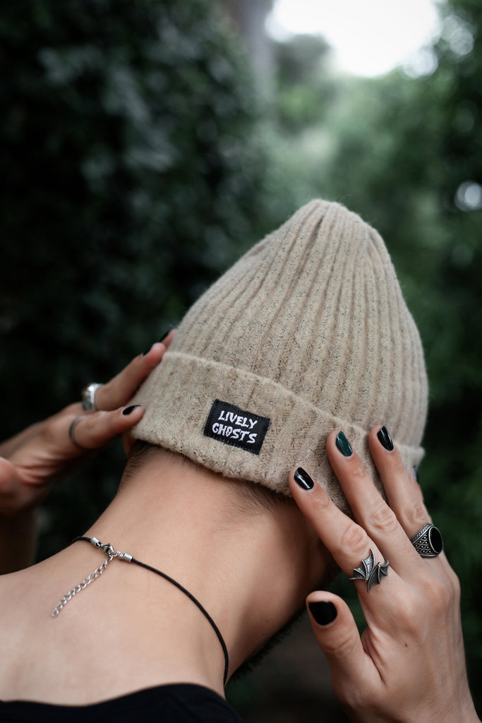 Scarecrow Beige | Ghostie Embroidered & Reversible Knit Beanie