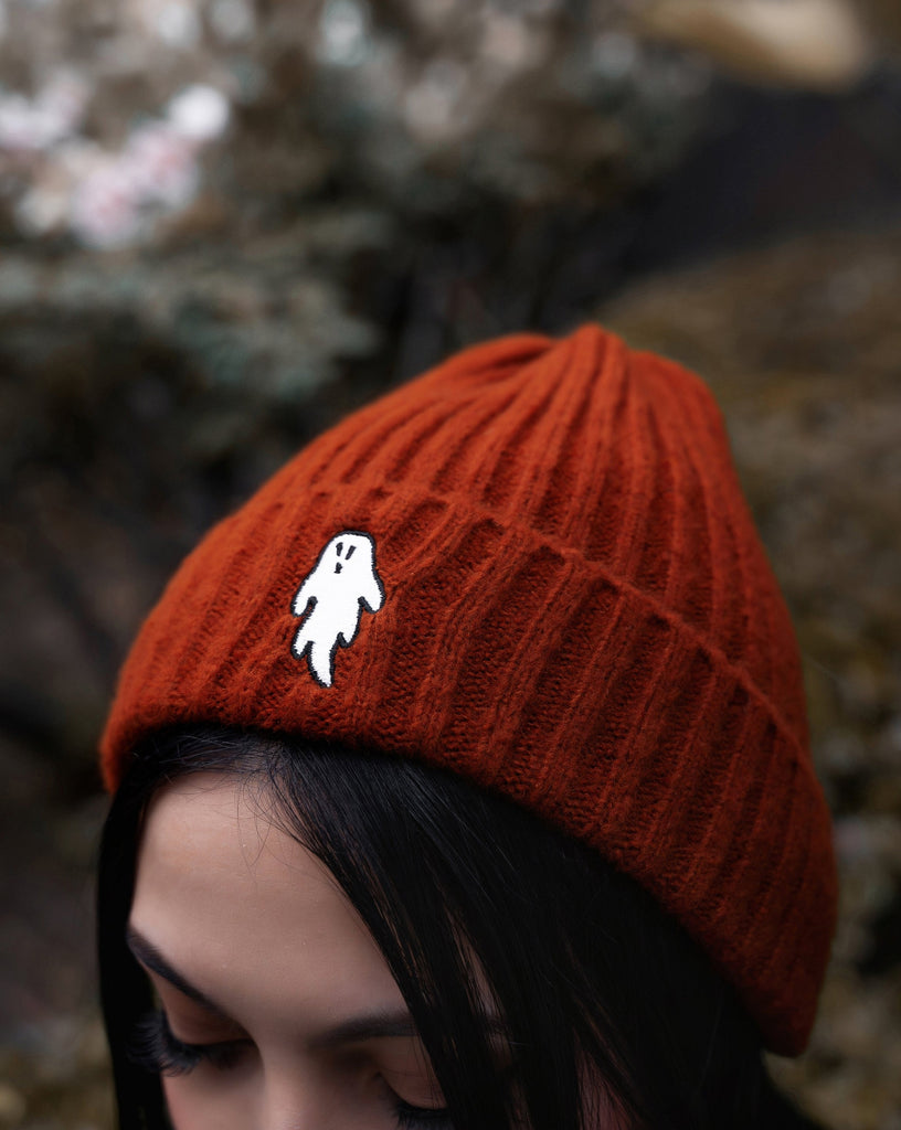 Halloween Orange | Ghostie Embroidered & Reversible Knit Beanie